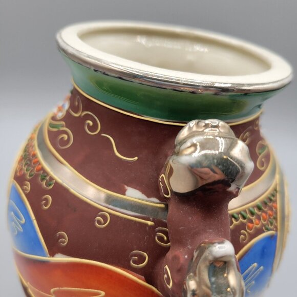 Japanese Mid Century Satsuma Ware Vase Foo Dogs Moriage Relief Hand Painted Gold - Picture 5 of 11